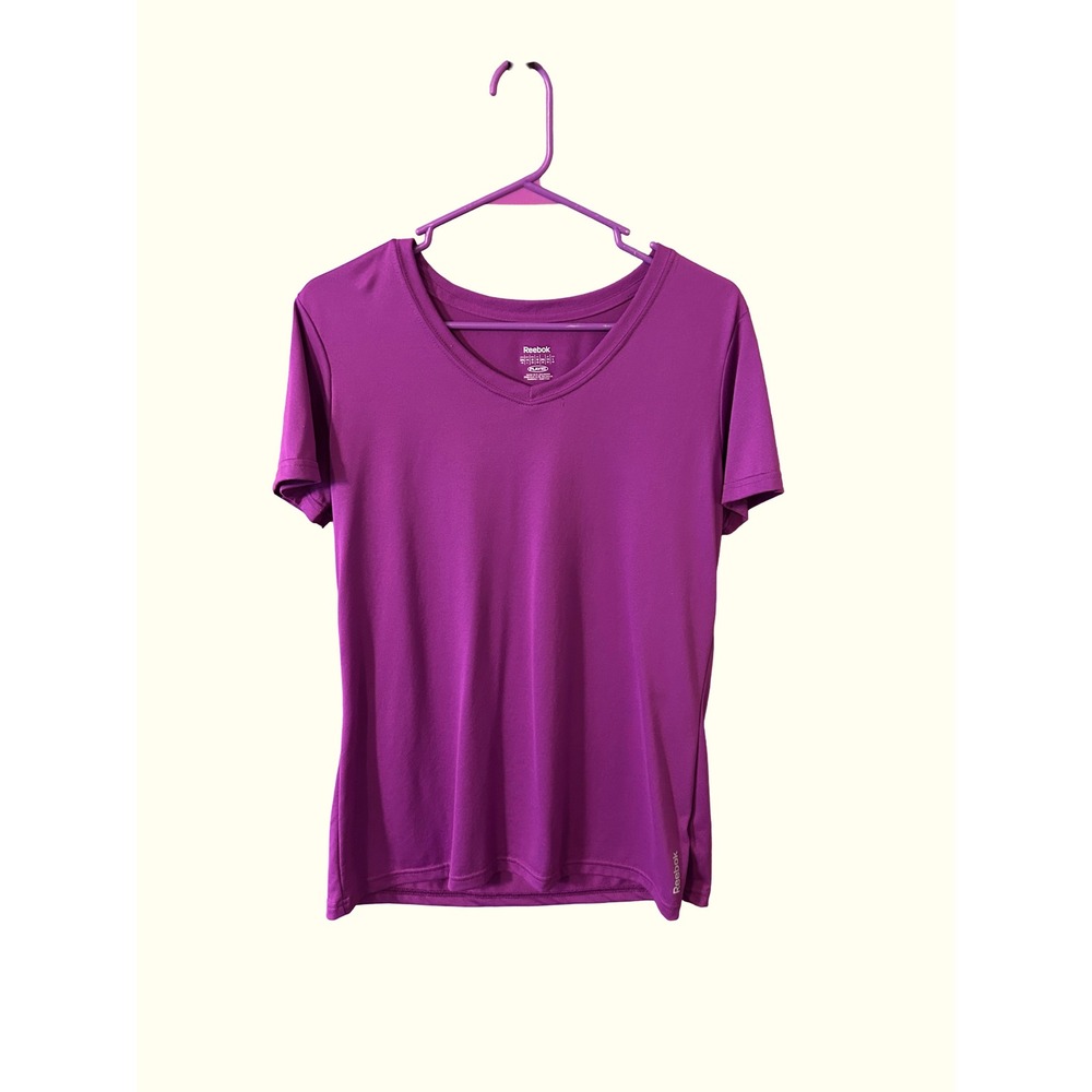 Reebok PlayDry Purple V-Neck Athletic Tee Shirt Womens Large